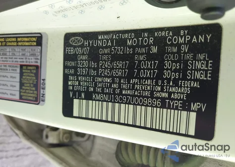 2007 Hyundai Veracruz Gls/Limited/Se z USA, uszkodzony, nr VIN KM8NU13C97U009896